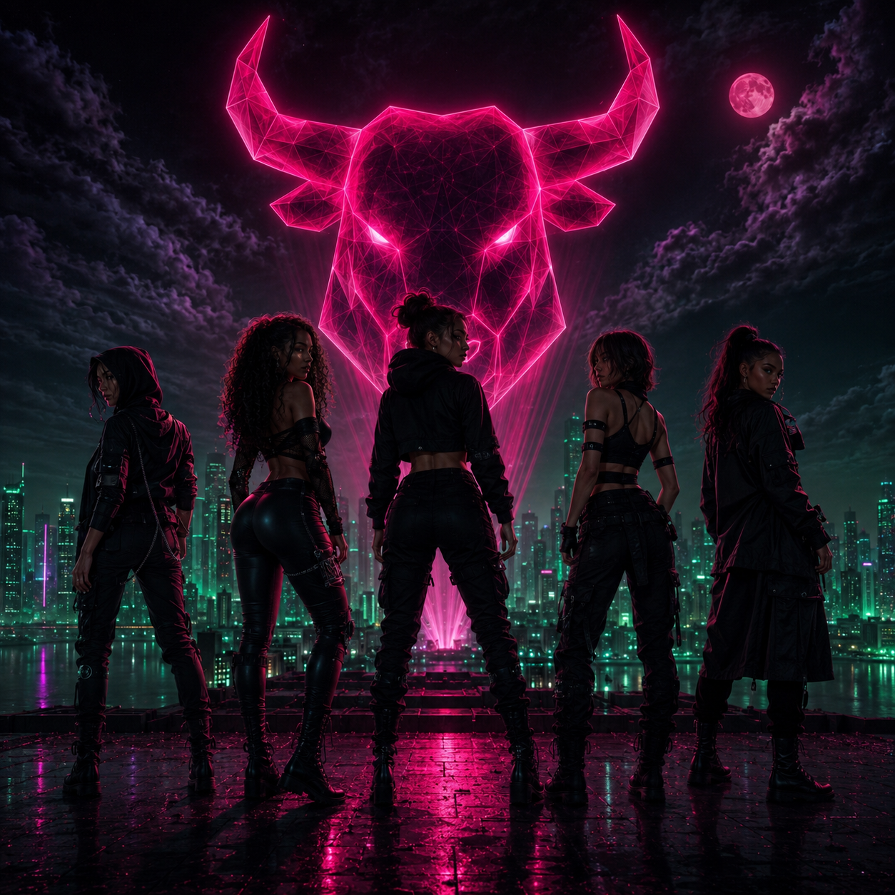 BlackBullGirls crew under the neon bull