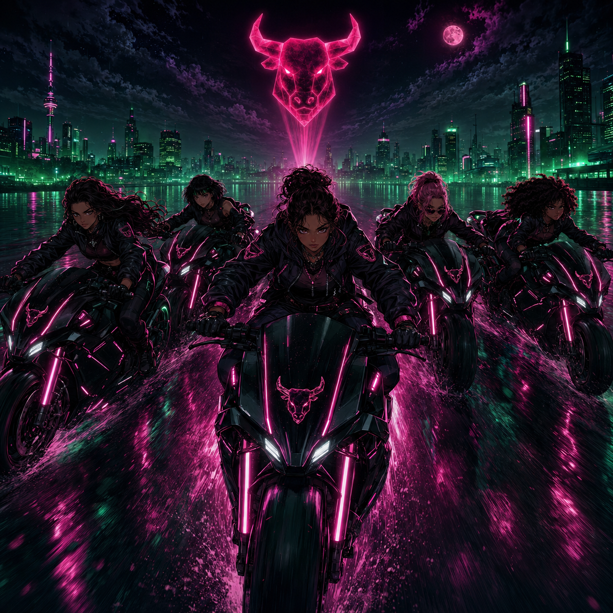 BlackBullGirls riding through neon city